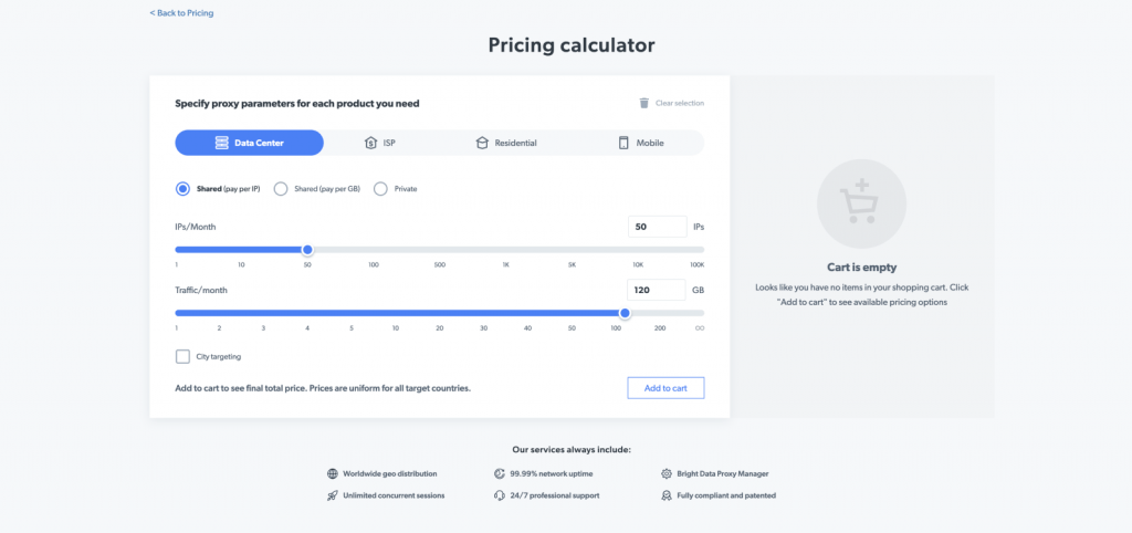 bright data pricing calculator for their proxy network and services for data collection
