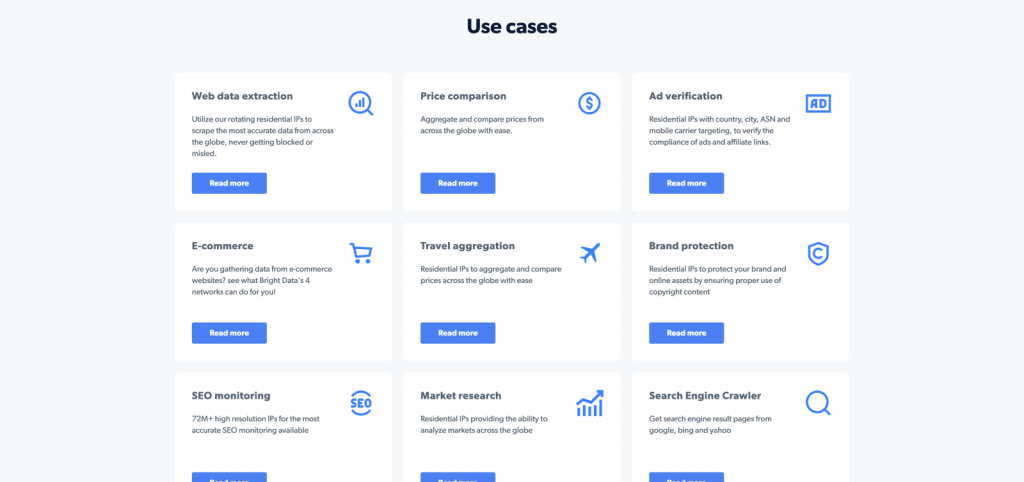 Bright Data use cases of their proxy services and products for data collection and web scraping.