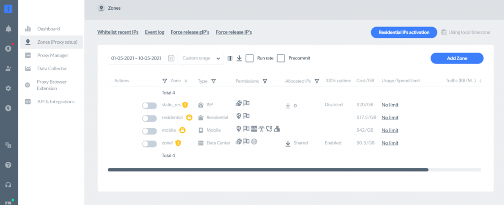 setting up the zone in the bright data dashboard