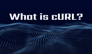 Visual representation of digital data waves with bold text overlay asking, "What is cURL?" This image introduces cURL, a tool for transferring data with URLs, commonly used in web development and data management.