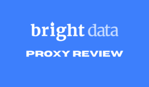 Logo of Bright Data with the text "Proxy Review" on a blue background, highlighting a review of Bright Data's proxy services.